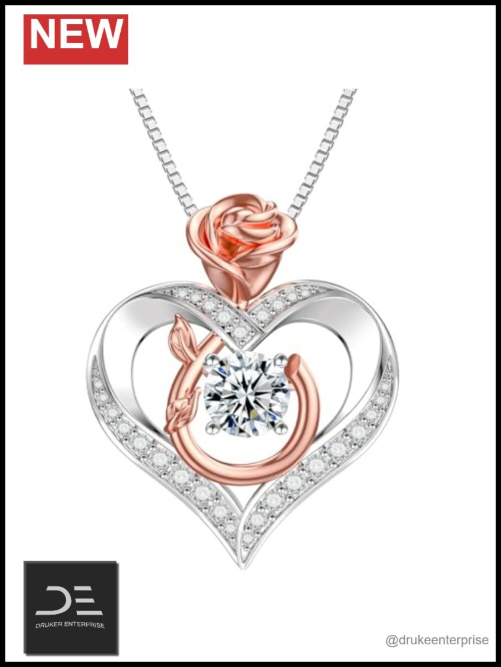 Moissanite Rose Heart Pendant Necklace 925 Sterling Silver 18K White Gold